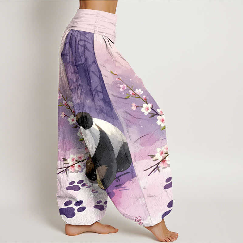 Buddha Stones Pantalon harem pour femme en pur coton à motif panda et fleurs de bambou, taille élastique - image 10