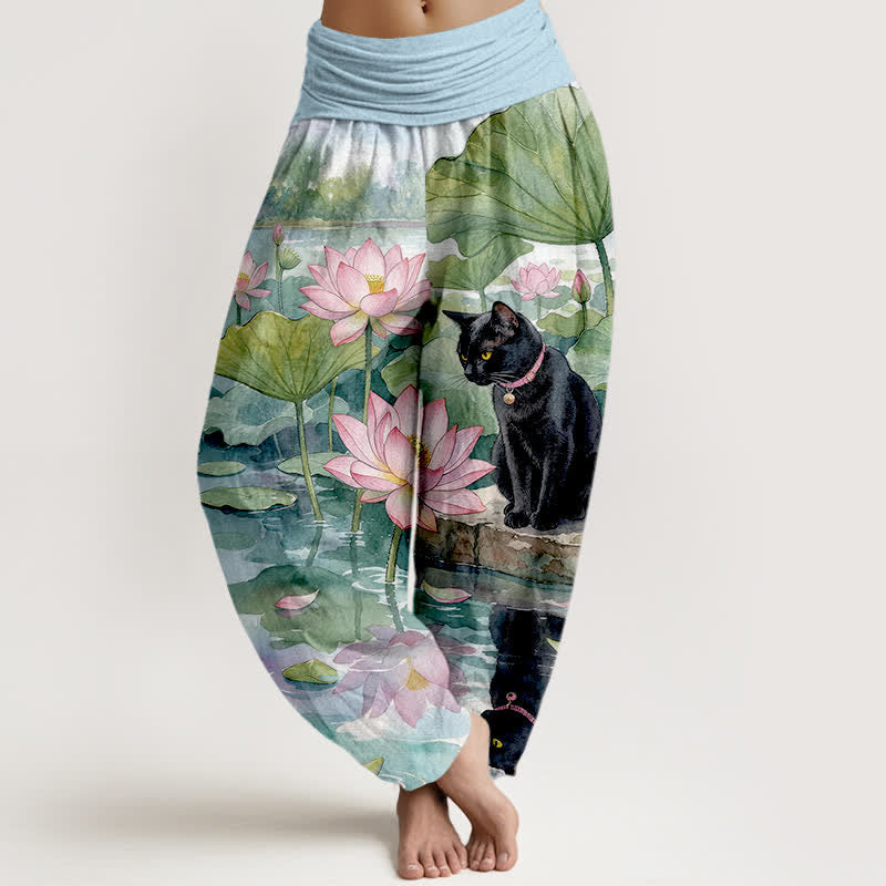 Buddha Stones Pantalon harem pour femme en pur coton, motif lotus et chat noir, taille élastique - Bleu clair - US16，UK/AU20，EU48 (3XL) - image 0
