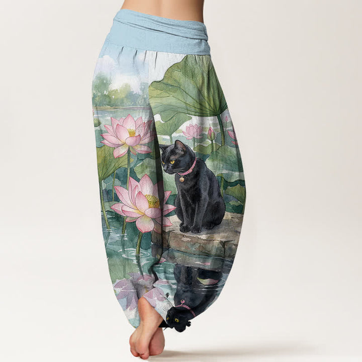 Buddha Stones Pantalon harem pour femme en pur coton, motif lotus et chat noir, taille élastique - image 1