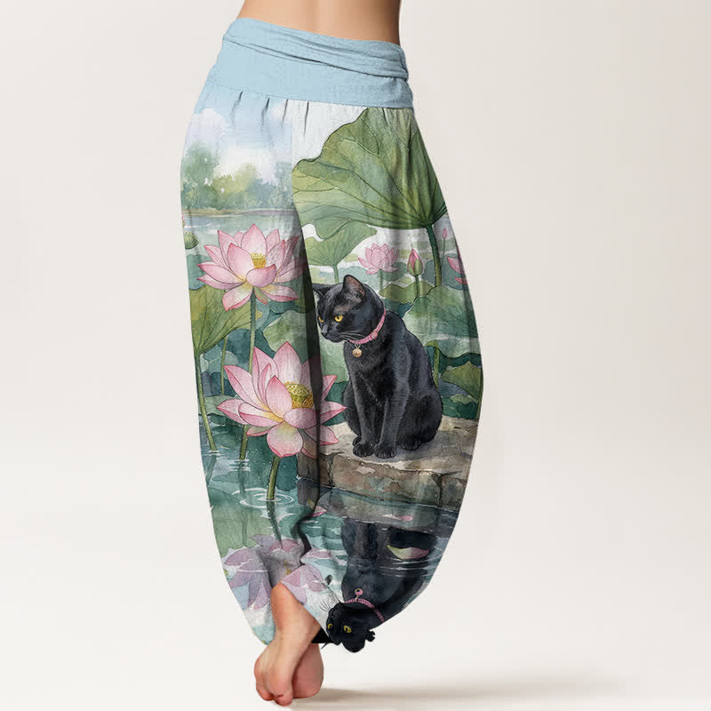 Buddha Stones Pantalon harem pour femme en pur coton, motif lotus et chat noir, taille élastique - image 1