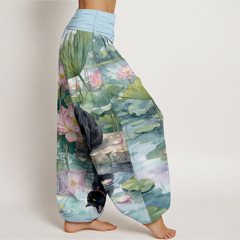 Buddha Stones Pantalon harem pour femme en pur coton, motif lotus et chat noir, taille élastique - image 2