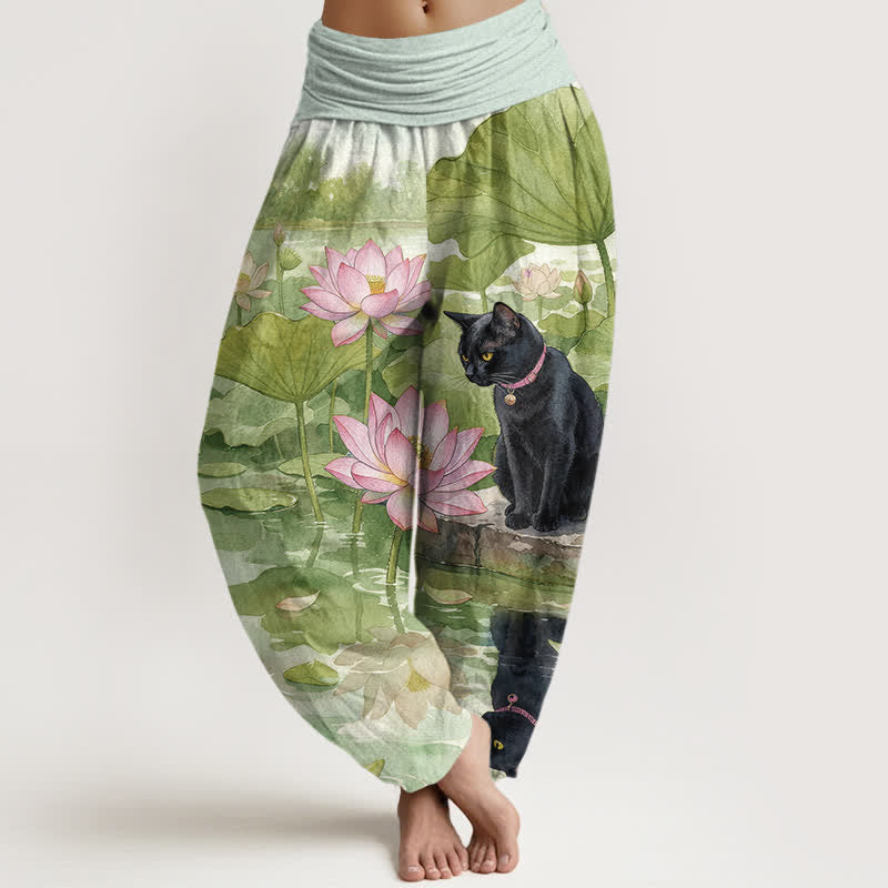 Buddha Stones Pantalon harem pour femme en pur coton, motif lotus et chat noir, taille élastique - JauneVert - US16，UK/AU20，EU48 (3XL) - image 5