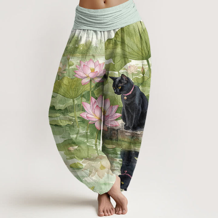 Buddha Stones Pantalon harem pour femme en pur coton, motif lotus et chat noir, taille élastique - JauneVert - US16，UK/AU20，EU48 (3XL) - image 5