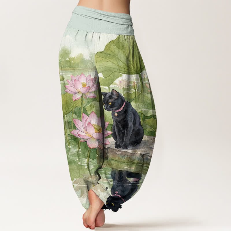 Buddha Stones Pantalon harem pour femme en pur coton, motif lotus et chat noir, taille élastique - image 6