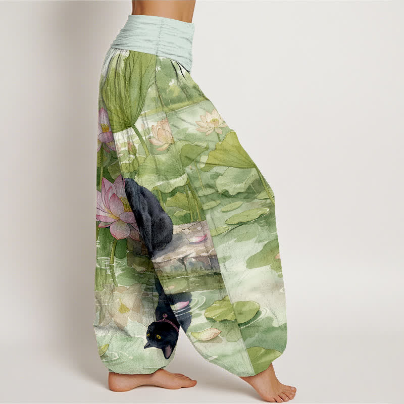 Buddha Stones Pantalon harem pour femme en pur coton, motif lotus et chat noir, taille élastique - image 7