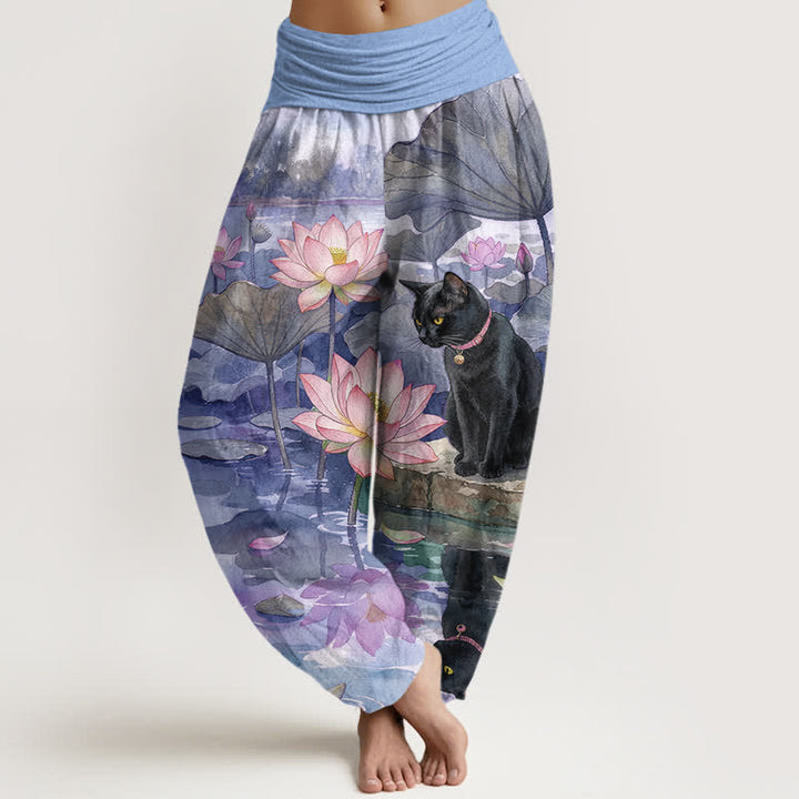 Buddha Stones Pantalon harem pour femme en pur coton, motif lotus et chat noir, taille élastique - Violet moyen - US16，UK/AU20，EU48 (3XL) - image 8