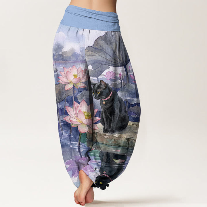 Buddha Stones Pantalon harem pour femme en pur coton, motif lotus et chat noir, taille élastique - image 9