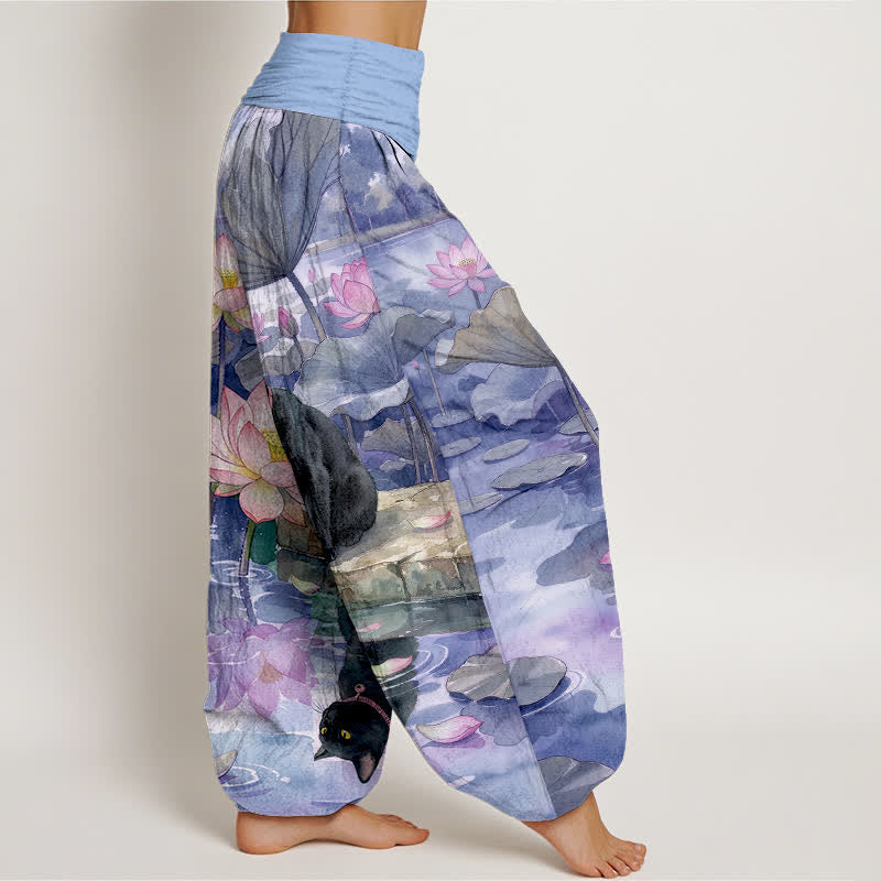 Buddha Stones Pantalon harem pour femme en pur coton, motif lotus et chat noir, taille élastique - image 10