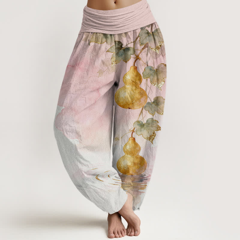 Buddha Stones Pantalon harem à taille élastique pour femme, en coton à motif de feuilles de courge dorées - Rose - US16，UK/AU20，EU48 (3XL) - image 0