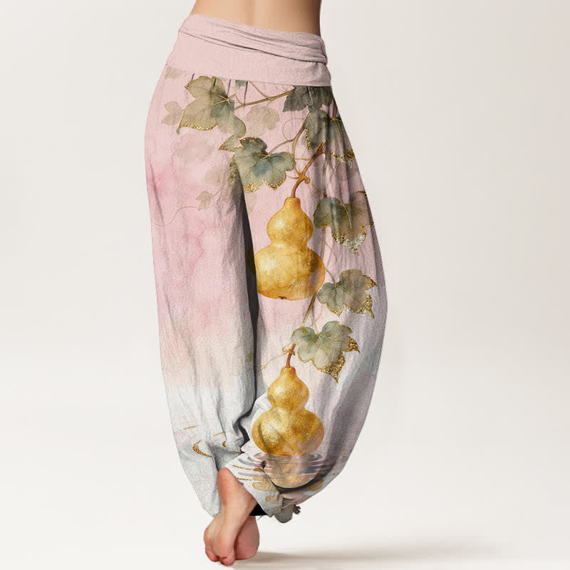 Buddha Stones Pantalon harem à taille élastique pour femme, en coton à motif de feuilles de courge dorées - image 1