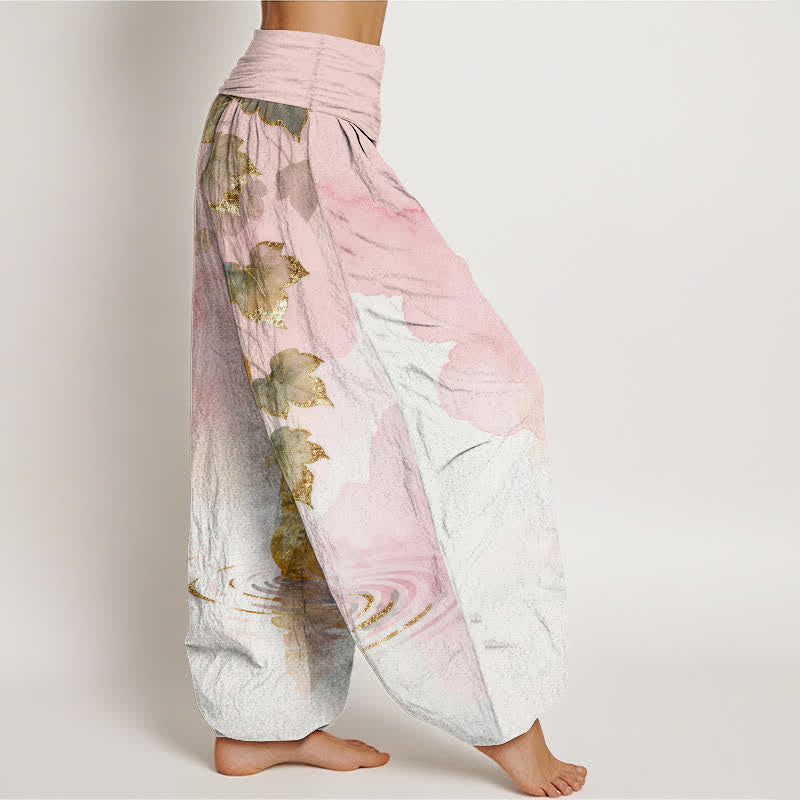Buddha Stones Pantalon harem à taille élastique pour femme, en coton à motif de feuilles de courge dorées - image 2