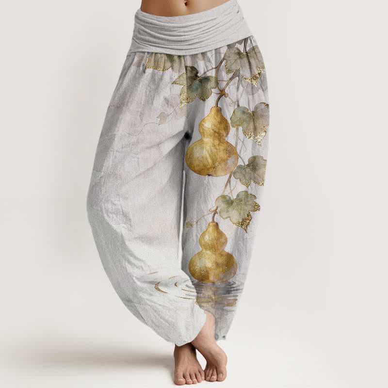 Buddha Stones Pantalon harem à taille élastique pour femme, en coton à motif de feuilles de courge dorées - Gainsboro - US16，UK/AU20，EU48 (3XL) - image 5