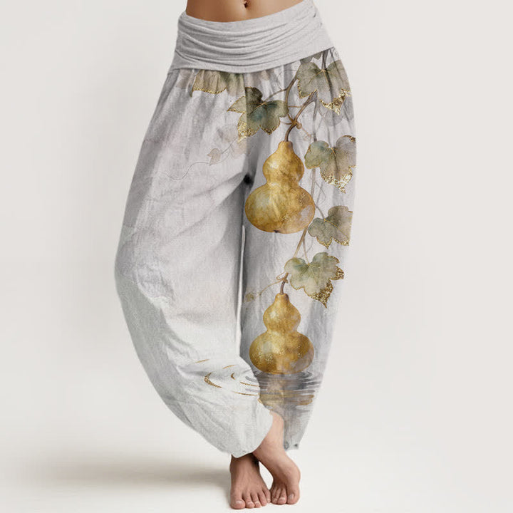 Buddha Stones Pantalon harem à taille élastique pour femme, en coton à motif de feuilles de courge dorées - Gainsboro - US16，UK/AU20，EU48 (3XL) - image 5