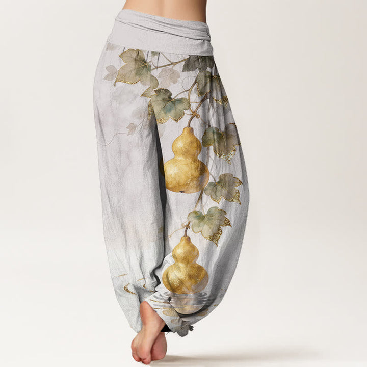 Buddha Stones Pantalon harem à taille élastique pour femme, en coton à motif de feuilles de courge dorées - image 6
