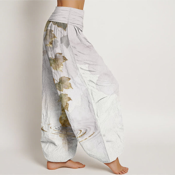 Buddha Stones Pantalon harem à taille élastique pour femme, en coton à motif de feuilles de courge dorées - image 7