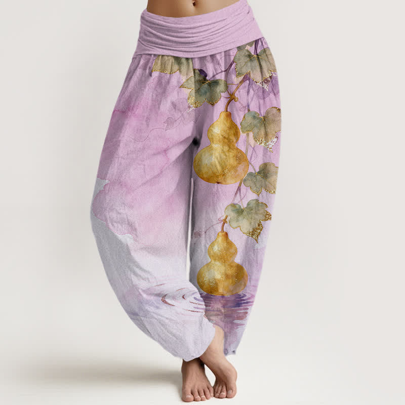 Buddha Stones Pantalon harem à taille élastique pour femme, en coton à motif de feuilles de courge dorées - Prune - US16，UK/AU20，EU48 (3XL) - image 8