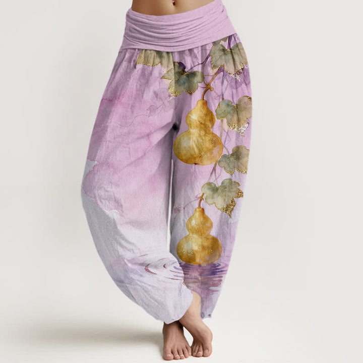 Buddha Stones Pantalon harem à taille élastique pour femme, en coton à motif de feuilles de courge dorées - Prune - US16，UK/AU20，EU48 (3XL) - image 8