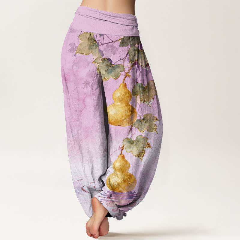 Buddha Stones Pantalon harem à taille élastique pour femme, en coton à motif de feuilles de courge dorées - image 9