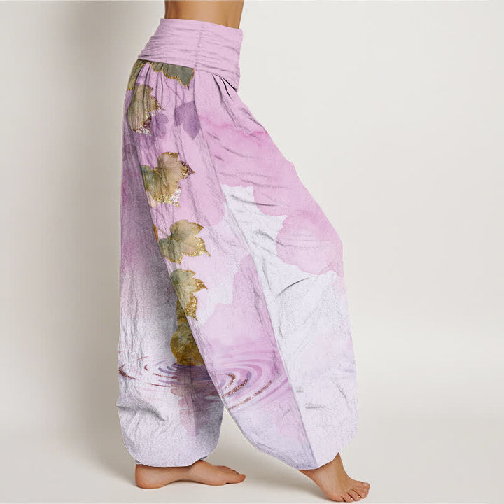 Buddha Stones Pantalon harem à taille élastique pour femme, en coton à motif de feuilles de courge dorées - image 10