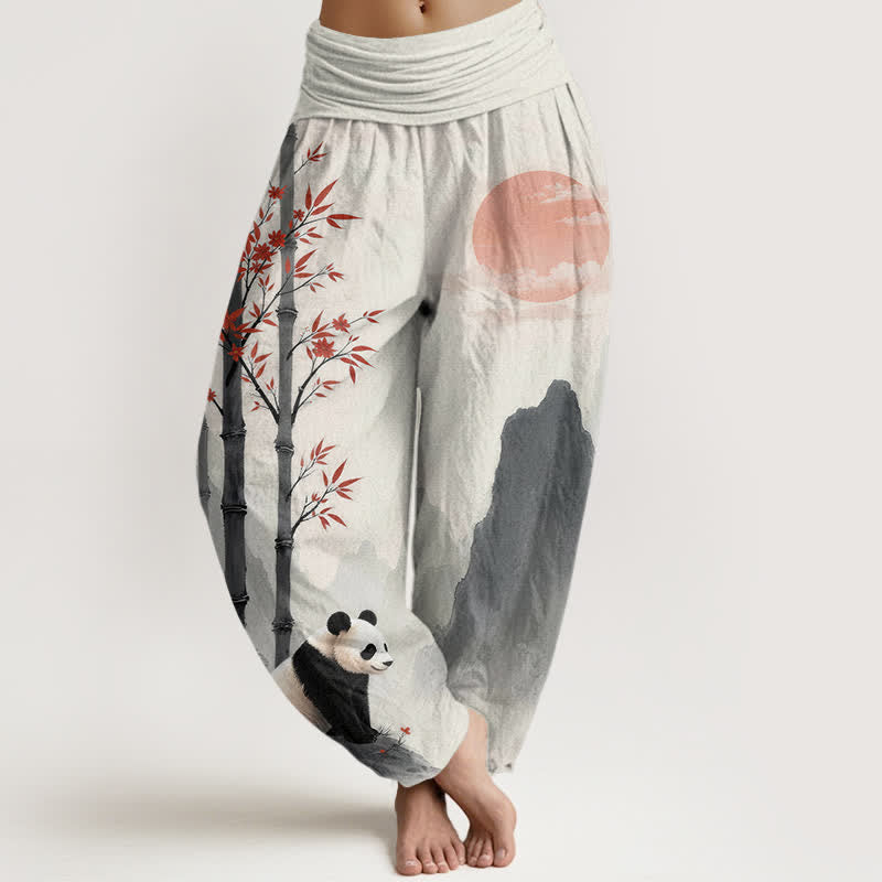 Buddha Stones Pantalon harem à taille élastique pour femme, motif panda en bambou et encre de coton - Beige - US16，UK/AU20，EU48 (3XL) - image 0
