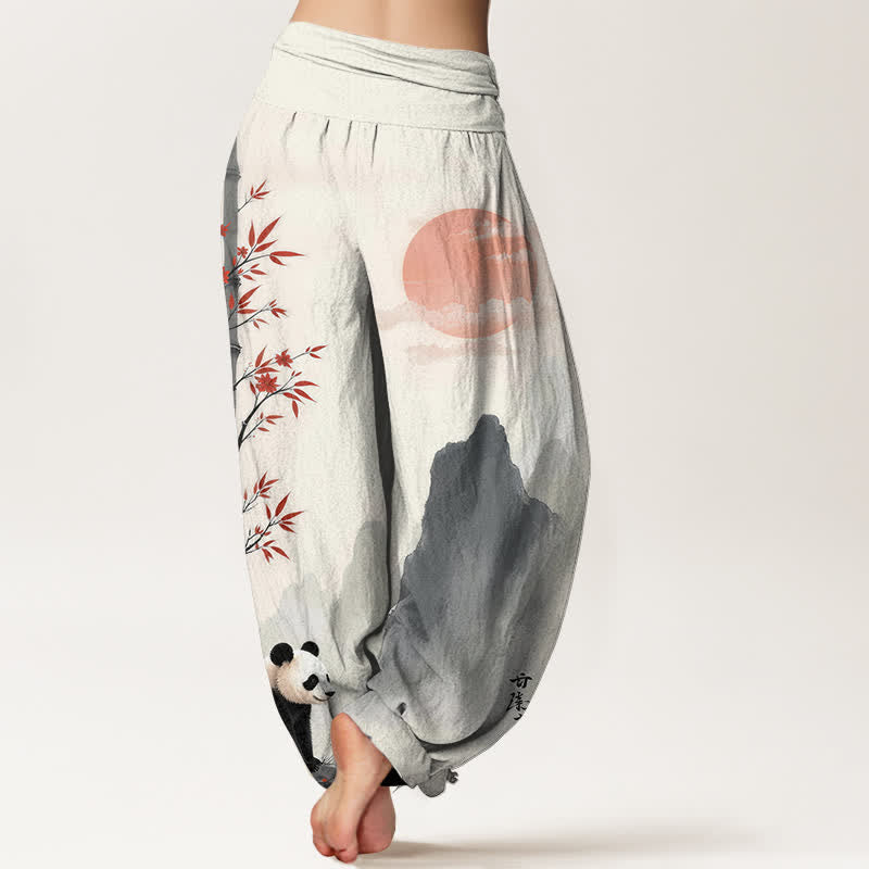 Buddha Stones Pantalon harem à taille élastique pour femme, motif panda en bambou et encre de coton - image 1