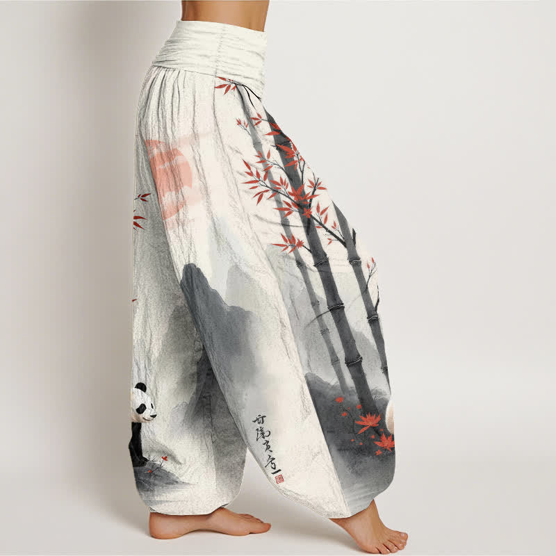Buddha Stones Pantalon harem à taille élastique pour femme, motif panda en bambou et encre de coton - image 2