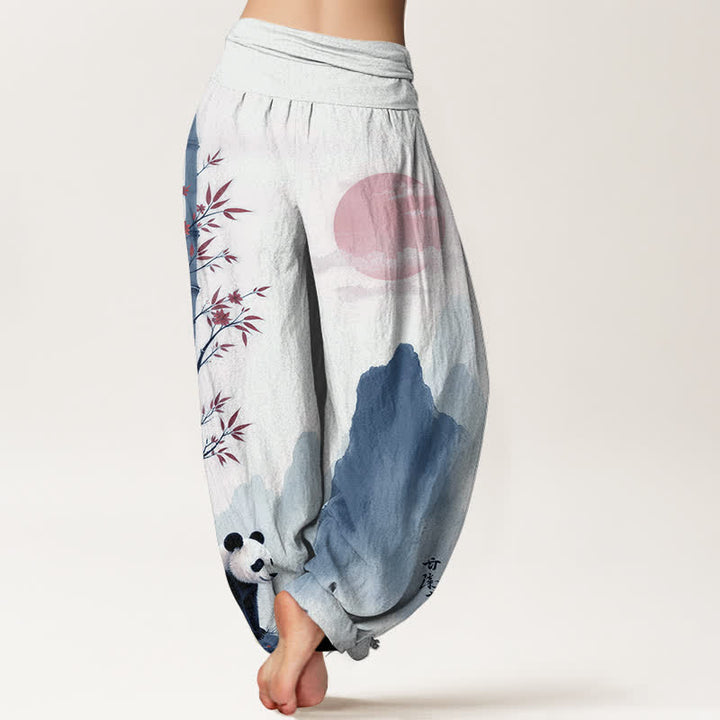 Buddha Stones Pantalon harem à taille élastique pour femme, motif panda en bambou et encre de coton - image 6