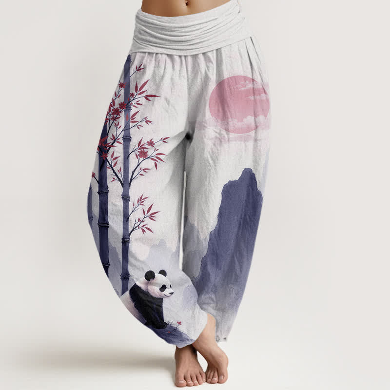 Buddha Stones Pantalon harem à taille élastique pour femme, motif panda en bambou et encre de coton - Blanc - US16，UK/AU20，EU48 (3XL) - image 8