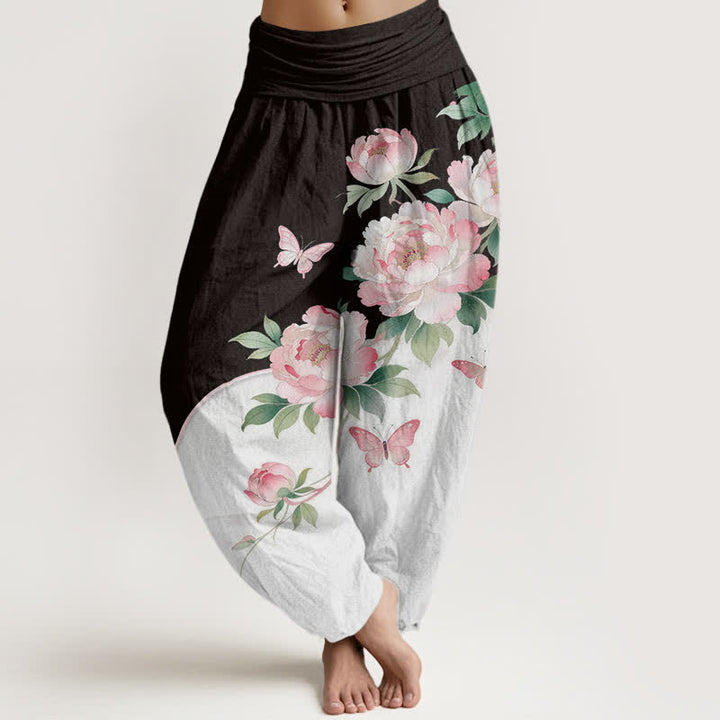 Buddha Stones Pantalon harem pour femme en pur coton à motif floral et papillons, taille élastique - Noir - US16，UK/AU20，EU48 (3XL) - image 0