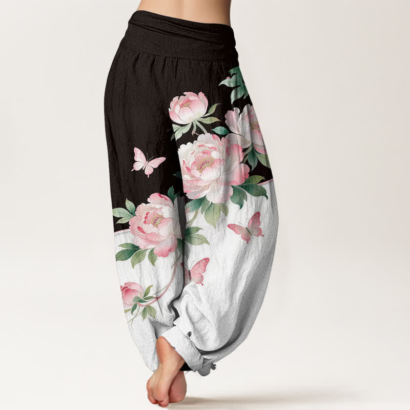 Buddha Stones Pantalon harem pour femme en pur coton à motif floral et papillons, taille élastique - image 1