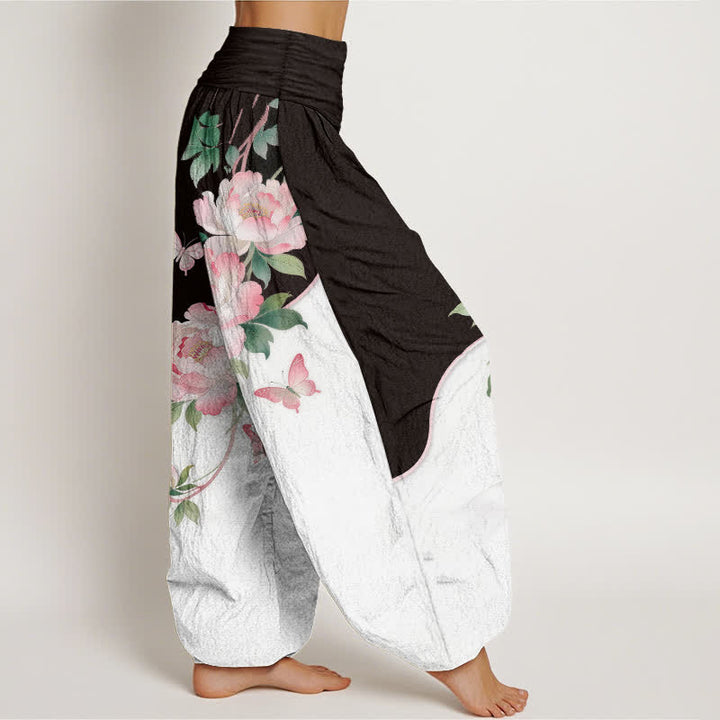 Buddha Stones Pantalon harem pour femme en pur coton à motif floral et papillons, taille élastique - image 2