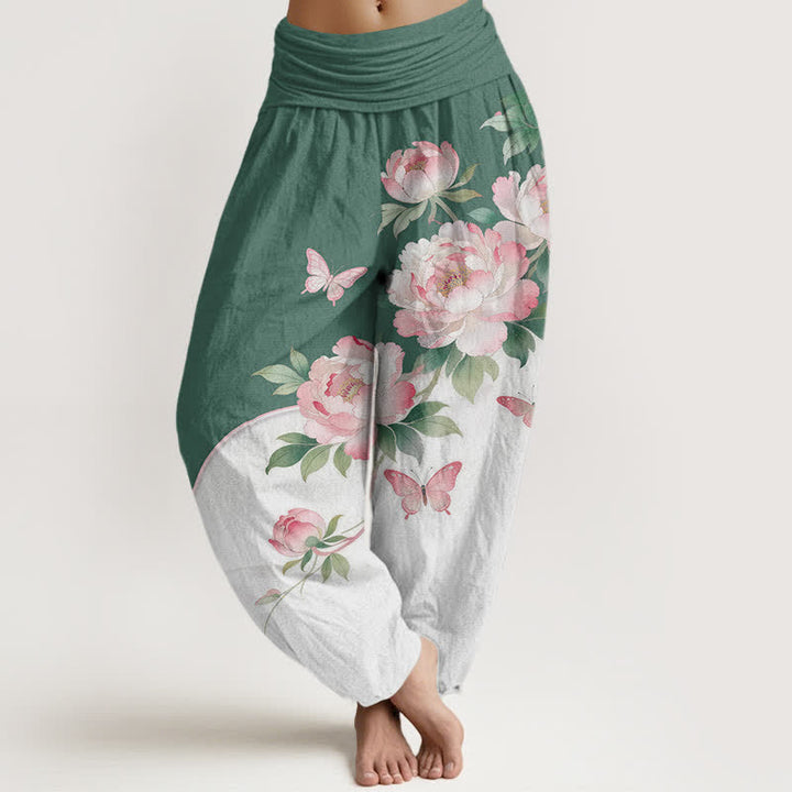 Buddha Stones Pantalon harem pour femme en pur coton à motif floral et papillons, taille élastique - Vert mer moyen - US16，UK/AU20，EU48 (3XL) - image 5