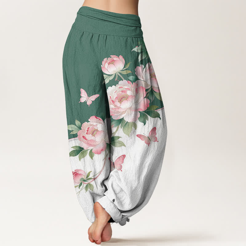 Buddha Stones Pantalon harem pour femme en pur coton à motif floral et papillons, taille élastique - image 6