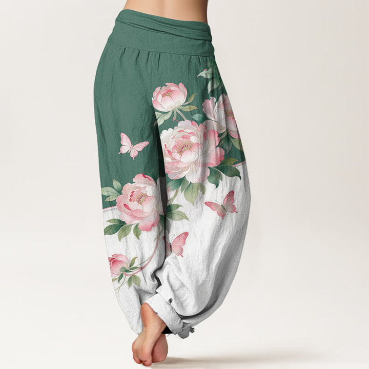 Buddha Stones Pantalon harem pour femme en pur coton à motif floral et papillons, taille élastique - image 6