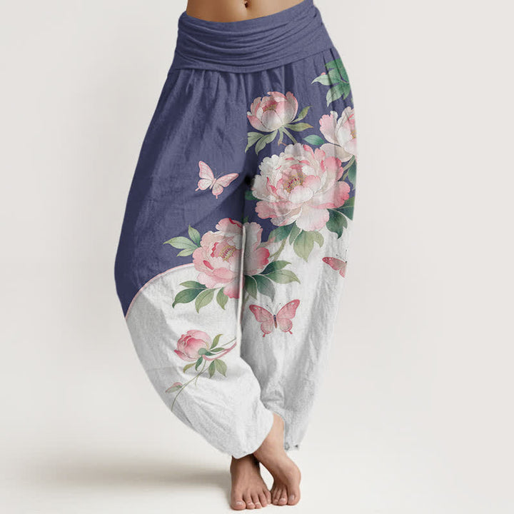 Buddha Stones Pantalon harem pour femme en pur coton à motif floral et papillons, taille élastique - Bleu ardoise - US16，UK/AU20，EU48 (3XL) - image 8