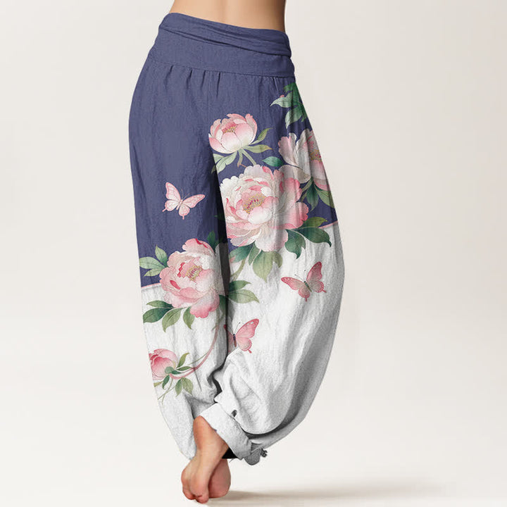 Buddha Stones Pantalon harem pour femme en pur coton à motif floral et papillons, taille élastique - image 9