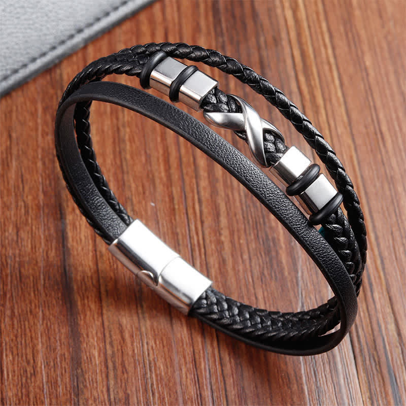 Buddha Stones Bracelet homme en cuir noir et acier titane tressé résistant - Acier titane (Renforce la stimulation ♥) - image 0