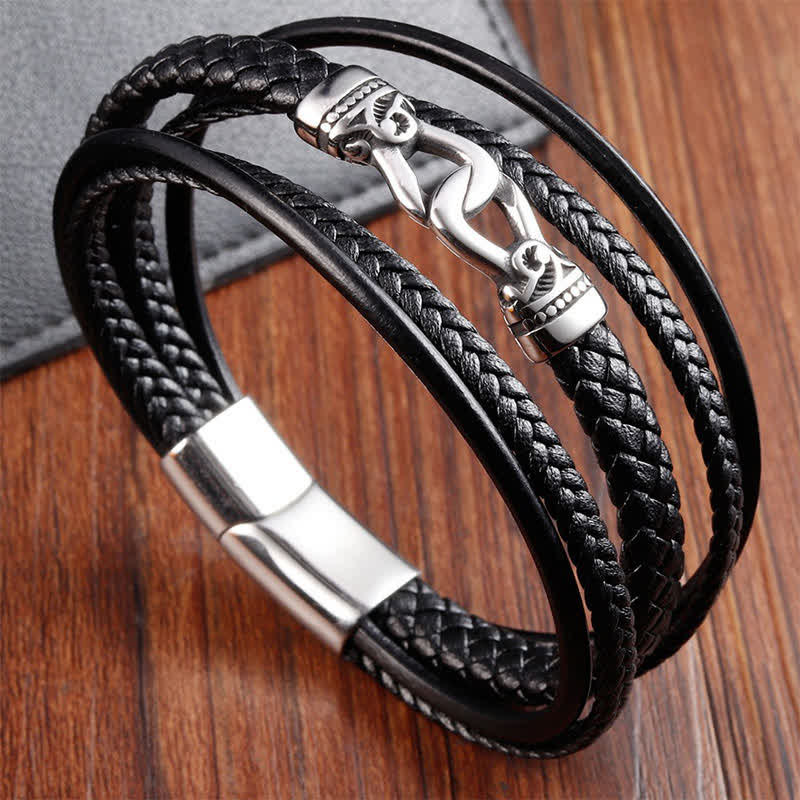 Buddha Stones Bracelet double tour en cuir noir tressé et acier titane résistant - Acier titane (Renforce la stimulation ♥) - image 0