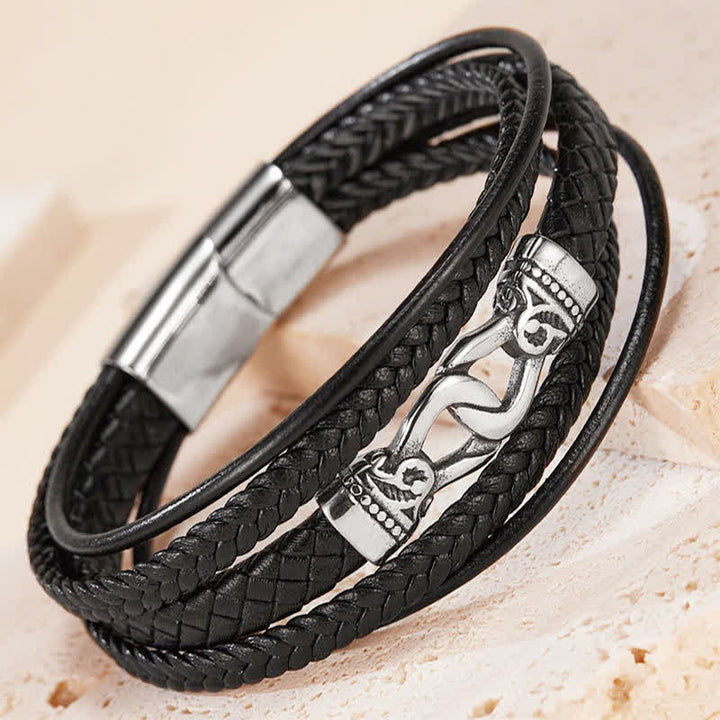 Buddha Stones Bracelet double tour en cuir noir tressé et acier titane résistant - image 1