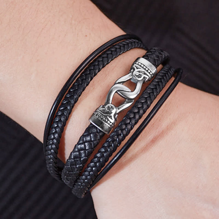 Buddha Stones Bracelet double tour en cuir noir tressé et acier titane résistant - image 6