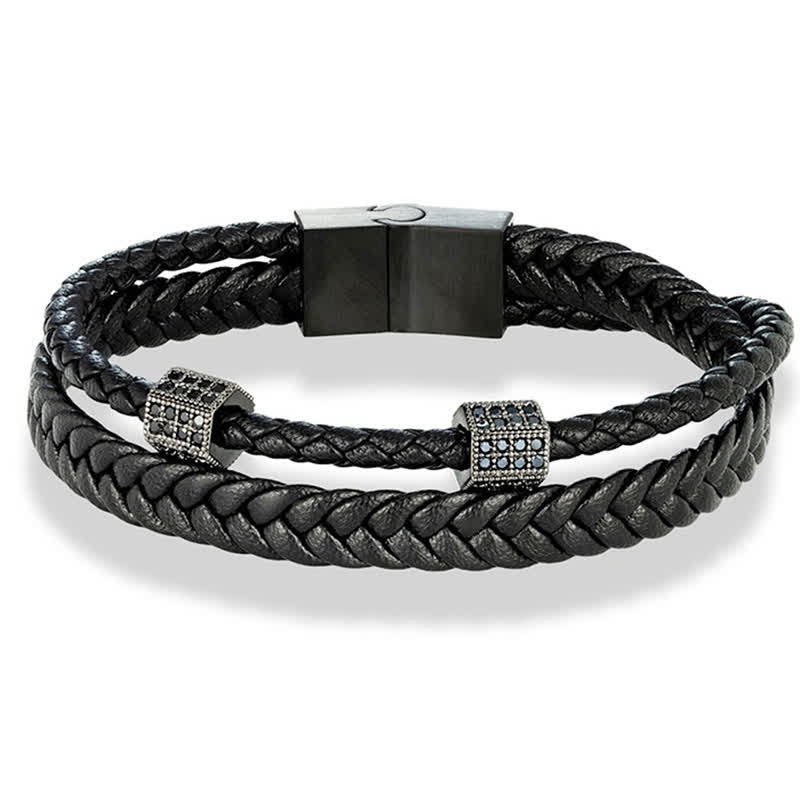 Buddha Stones Bracelet multi-tours en cuir noir tressé à la main et acier titane résistant - image 3