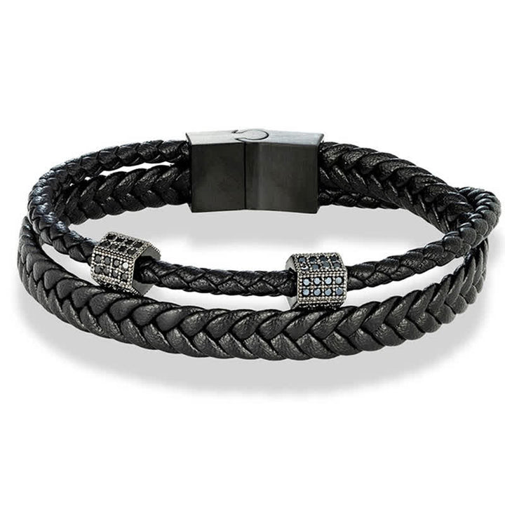 Buddha Stones Bracelet multi-tours en cuir noir tressé à la main et acier titane résistant - image 3