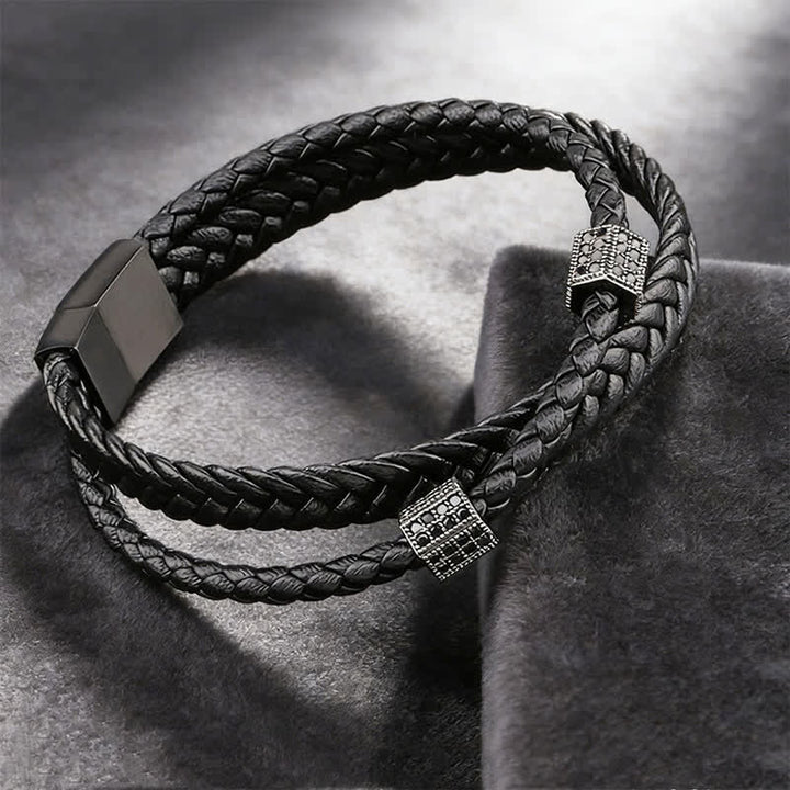 Buddha Stones Bracelet multi-tours en cuir noir tressé à la main et acier titane résistant - image 0