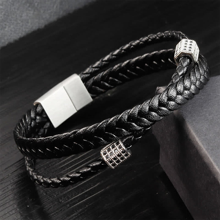 Buddha Stones Bracelet multi-tours en cuir noir tressé à la main et acier titane résistant - Acier - image 6