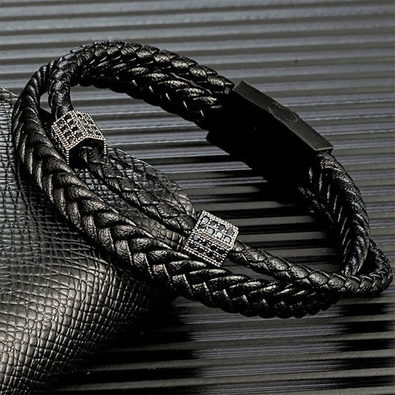 Buddha Stones Bracelet multi-tours en cuir noir tressé à la main et acier titane résistant - image 2