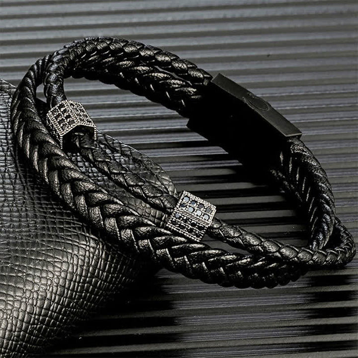 Buddha Stones Bracelet multi-tours en cuir noir tressé à la main et acier titane résistant - image 2