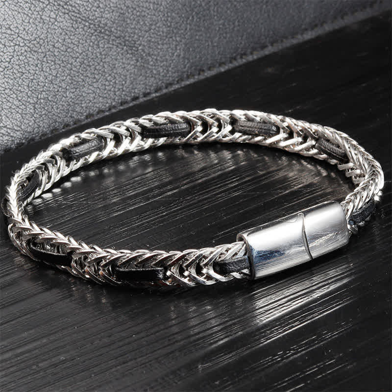 Buddha Stones Bracelet double couche en cuir noir tressé et acier titane, ultra-résistant - image 1