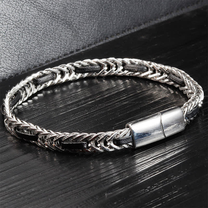 Buddha Stones Bracelet double couche en cuir noir tressé et acier titane, ultra-résistant - image 1