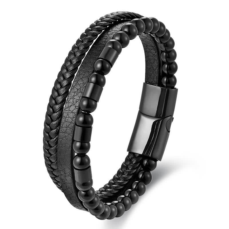 Buddha Stones Bracelet double couche tressé en cuir noir résistant - Noir - image 0