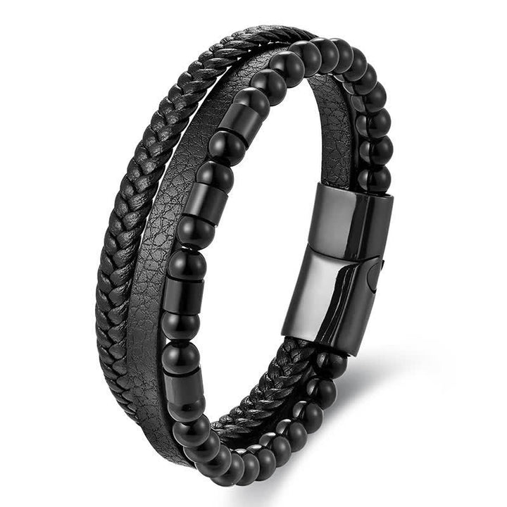 Buddha Stones Bracelet double couche tressé en cuir noir résistant - Noir - image 0